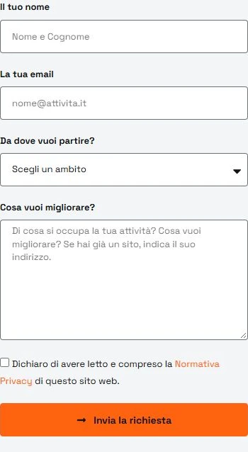 Modulo contatti ENGAGE da telefono con campi vuoti e pulsante di invio.
