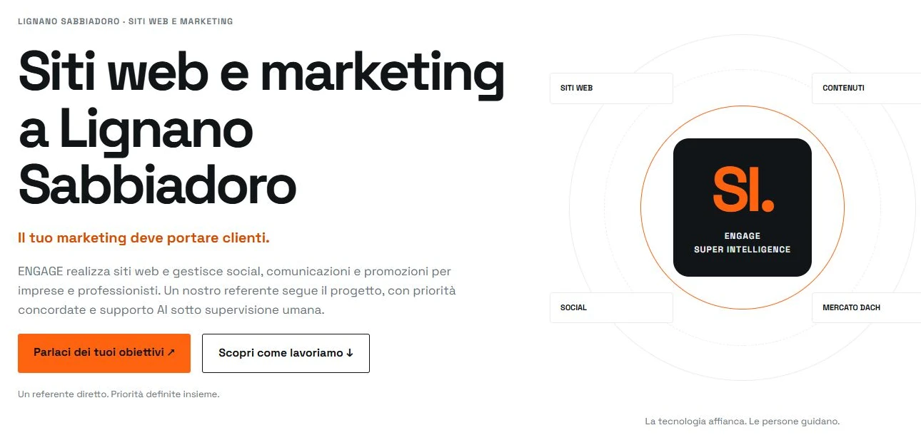 Home ENGAGE con servizi, territorio e invito al contatto visibili.