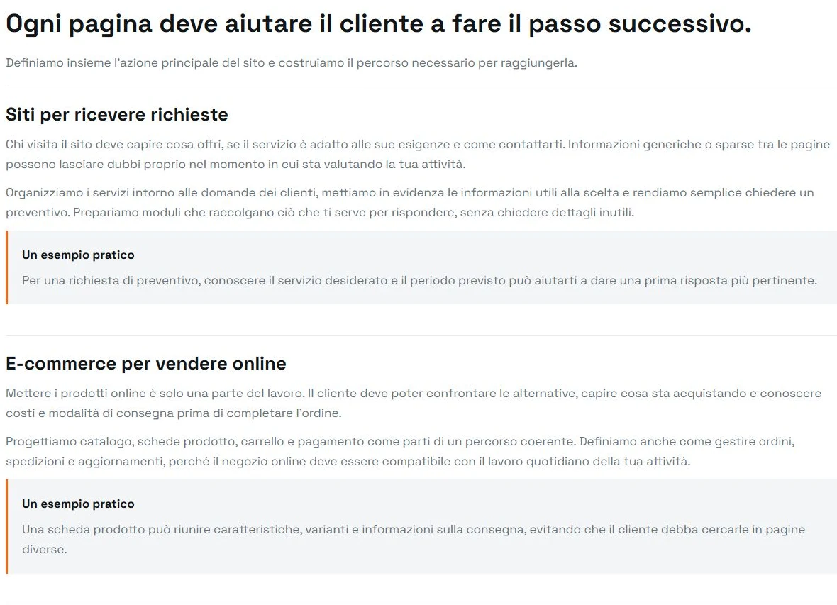 Dettaglio della pagina siti web ENGAGE: richieste, e-commerce ed esempi pratici di progettazione.
